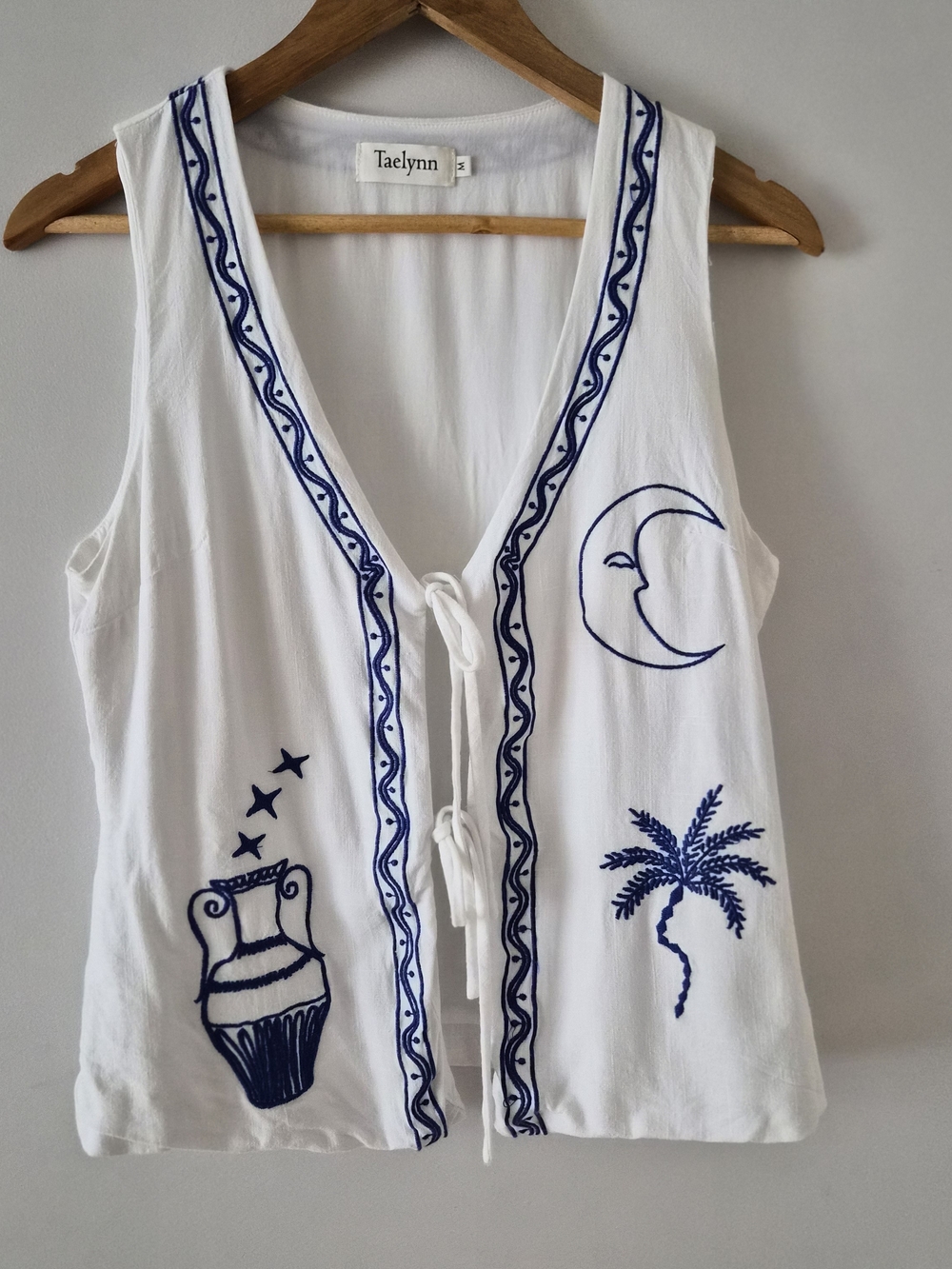 White Embroidered Sleeveless Tie-Front Top